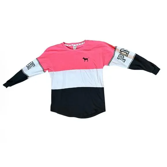 Victoria's Secret PINK Striped Cotton Blend Varsity Long Sleeved Pullover Sz S - Picture 2 of 5
